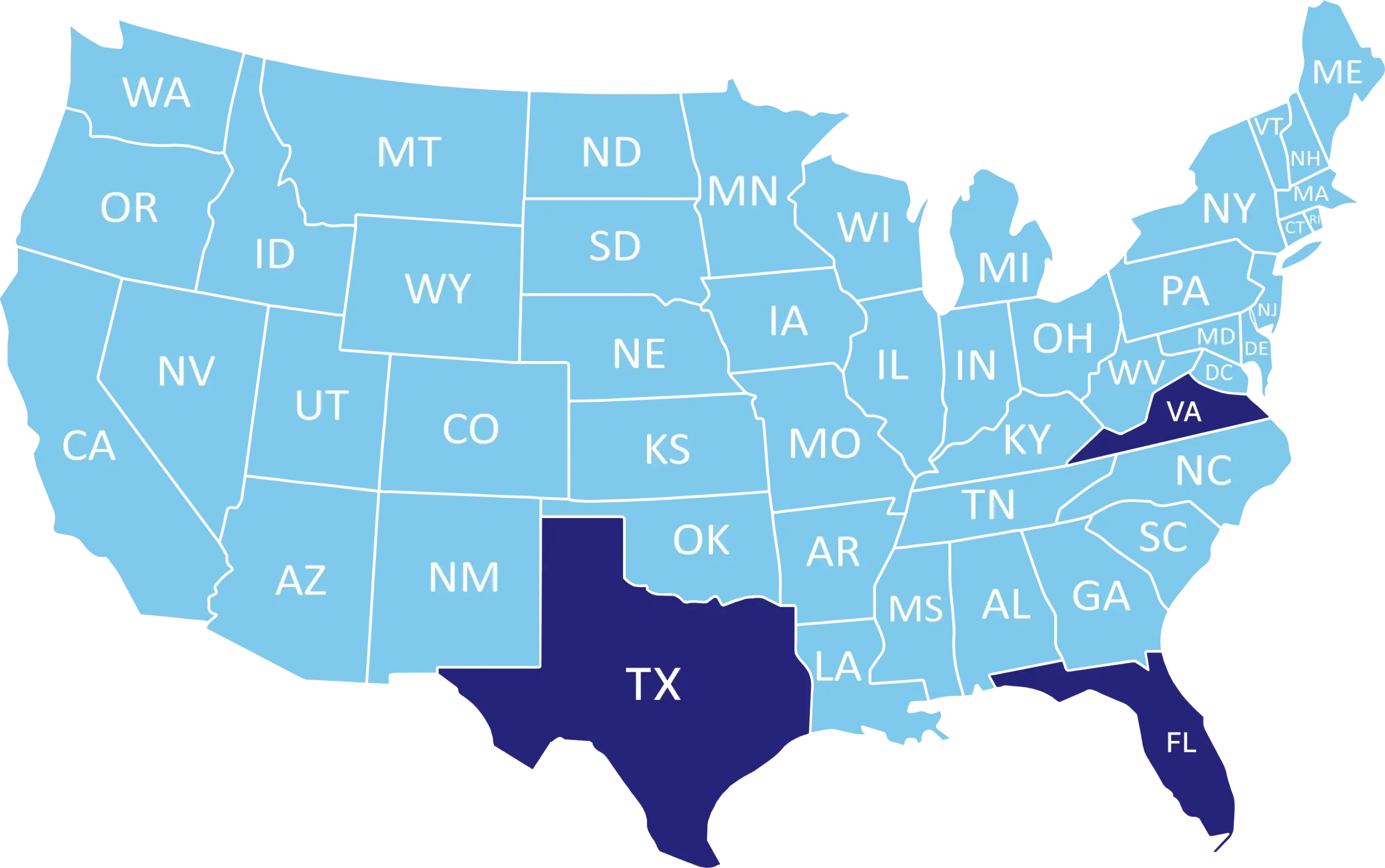 Map of practice areas including Florida, Virginia, and Texas